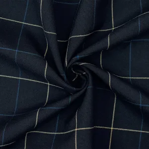 Navy-Blue-Ivory Polyester-Wool Check Woven Shirting Fabric