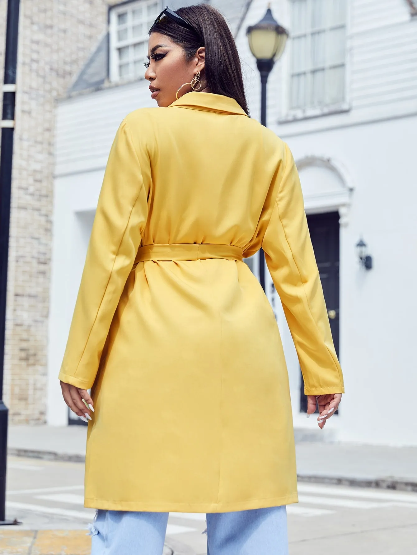 Plain Belted Long Sleeve Lapel Knee Length Plus Size Coat