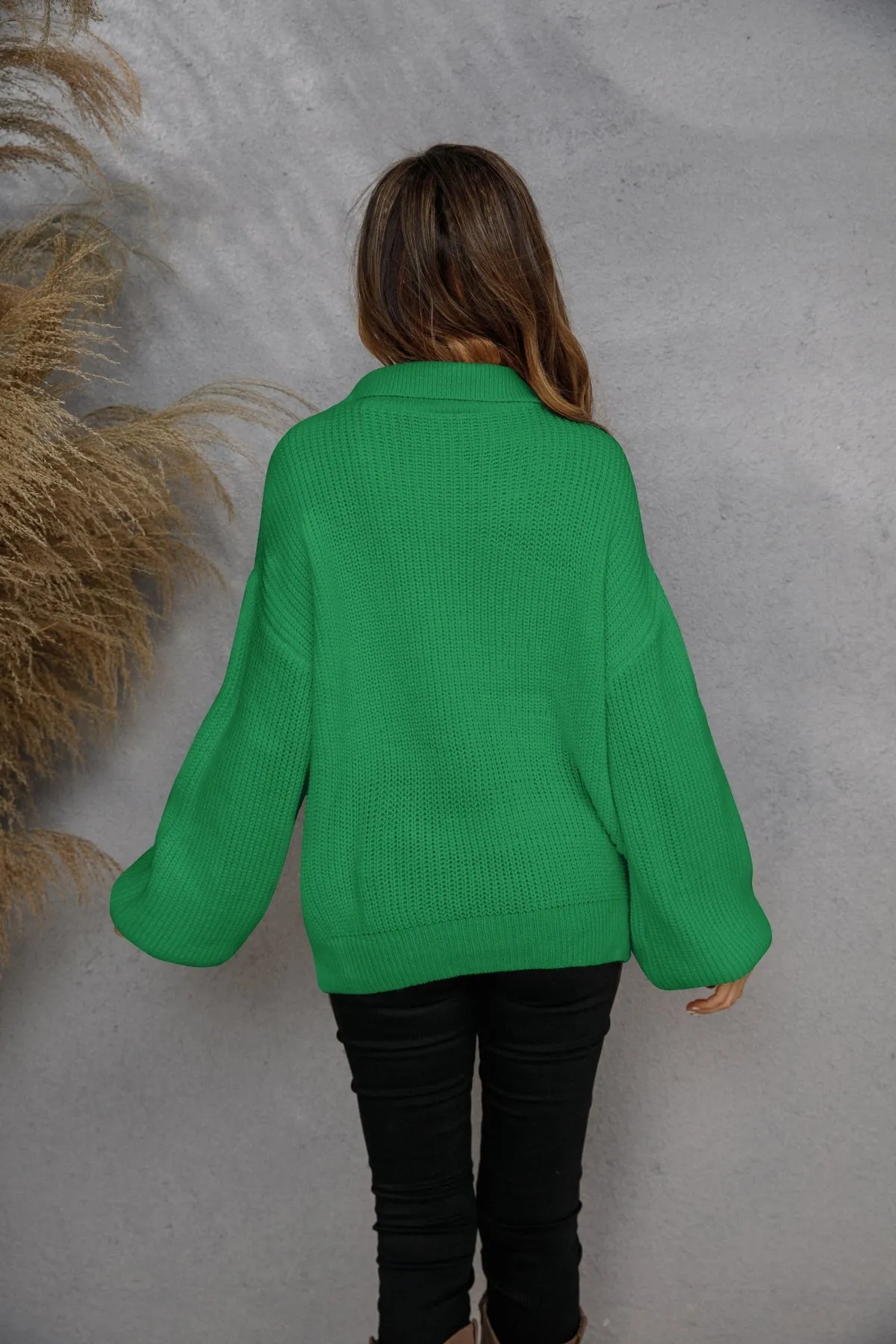 Pullover Zipper Knitted Collared Lantern Sleeve Sweater