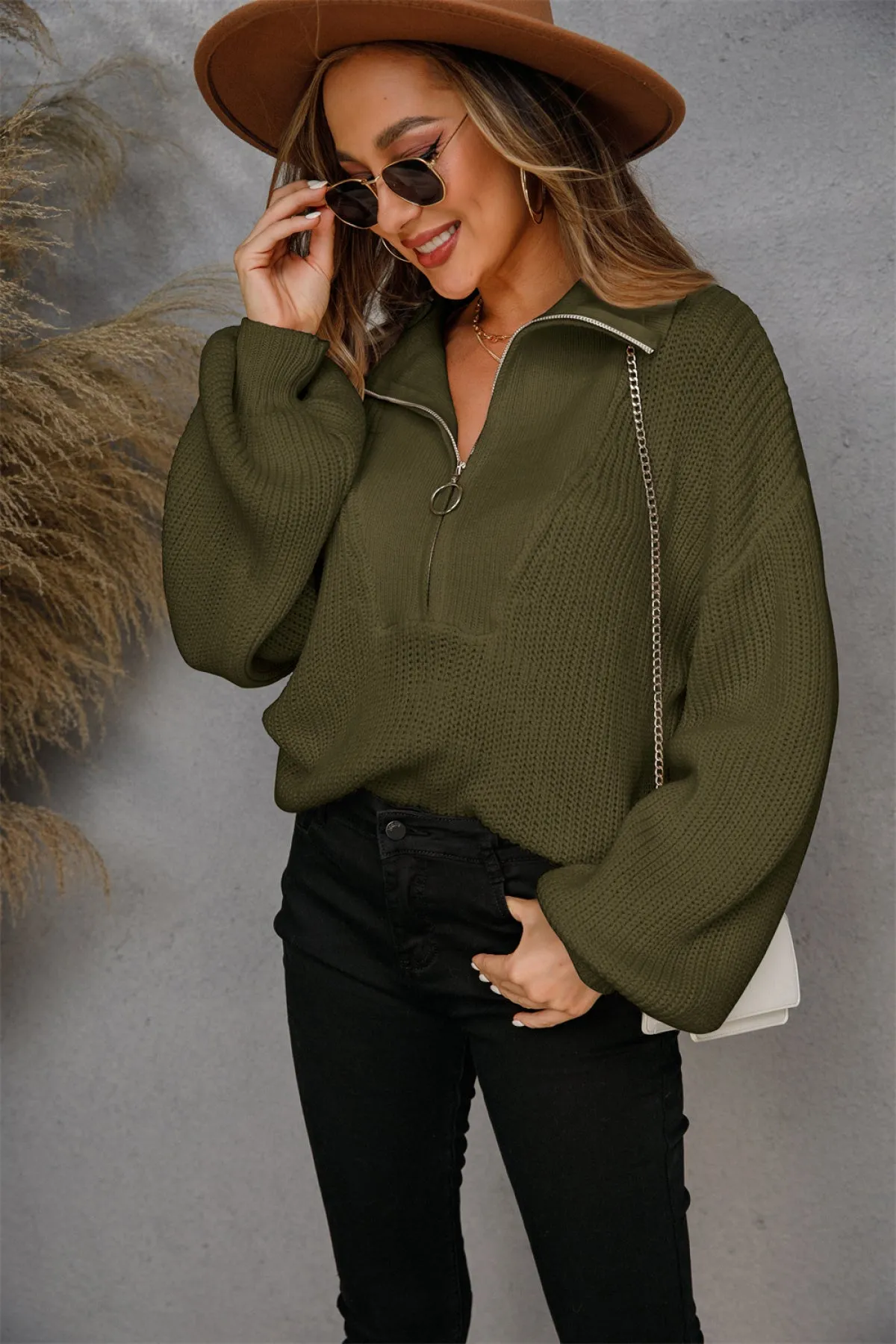 Pullover Zipper Knitted Collared Lantern Sleeve Sweater