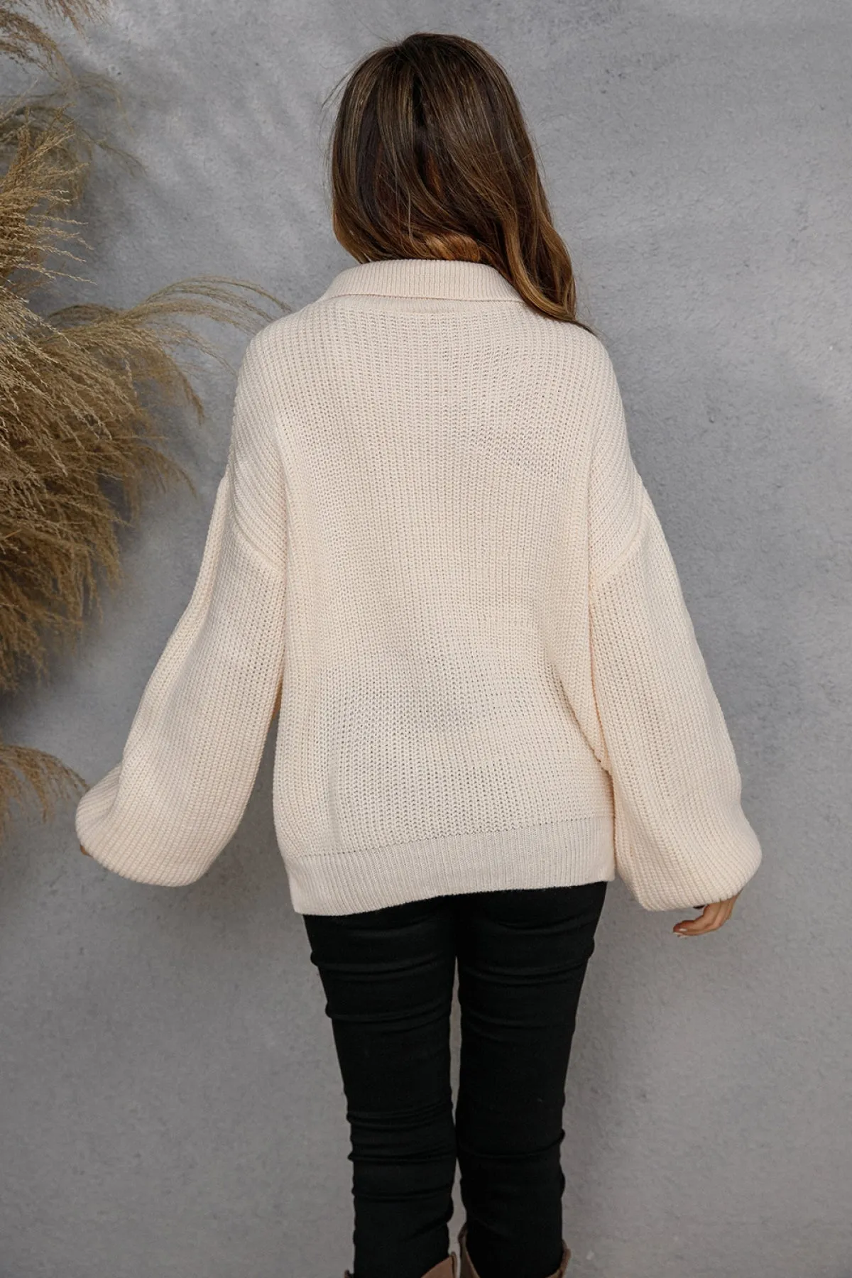 Pullover Zipper Knitted Collared Lantern Sleeve Sweater