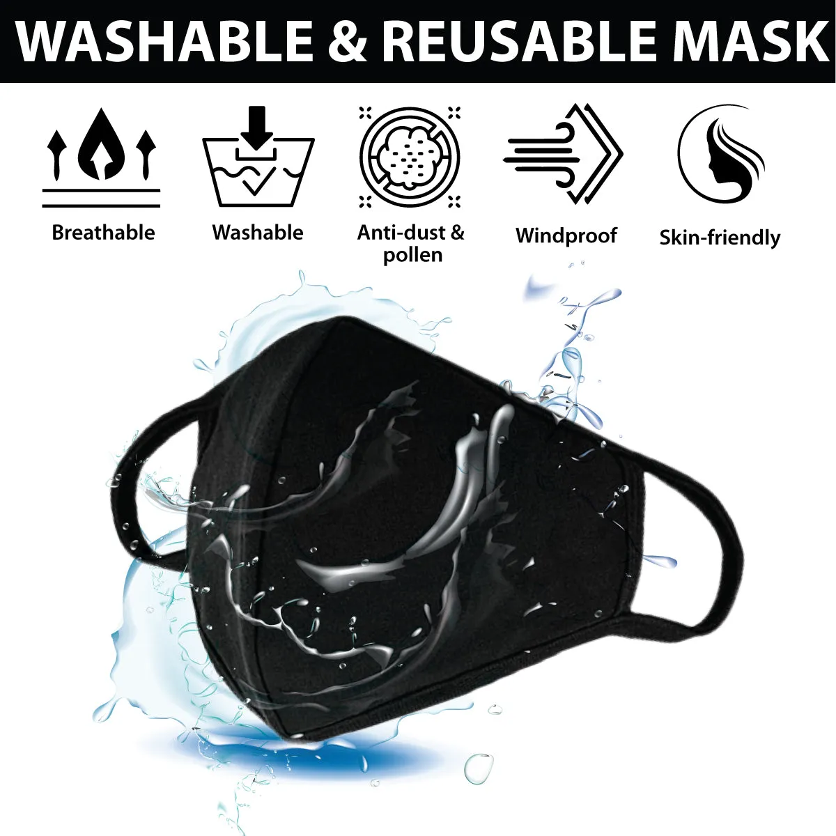 Reusable 3 Ply Cotton Face Mask, Soft Breathable, Black