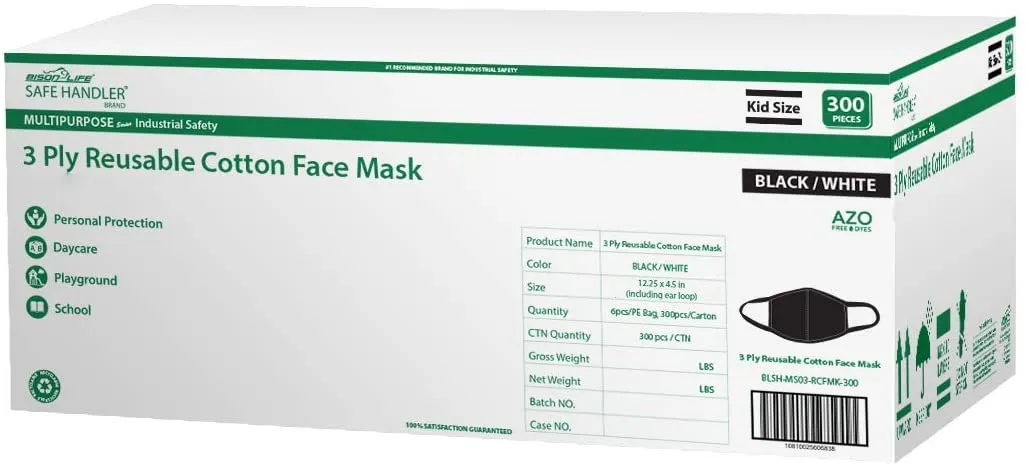 Reusable 3 Ply Cotton Face Mask, Soft Breathable, Black