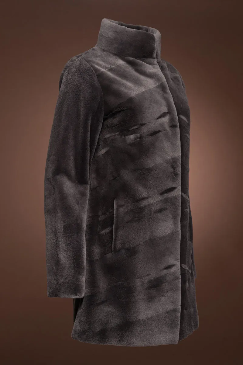 Reversible Chevron Sheared Mid-Length Mink Fur Coat