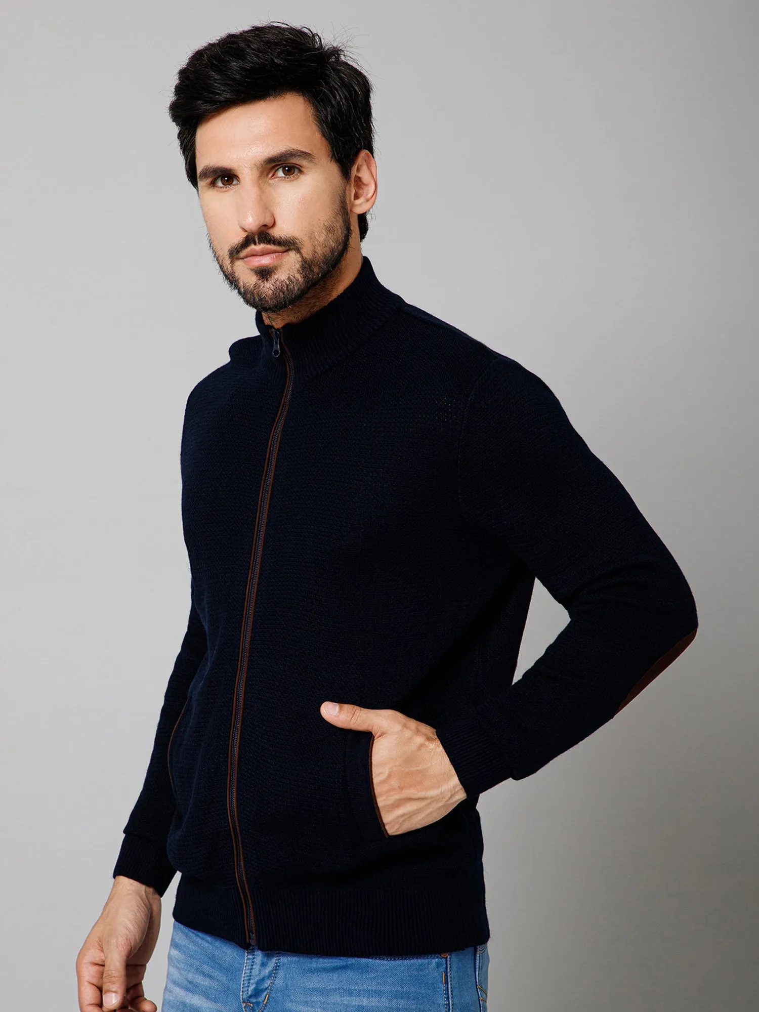 Self Design Navy Blue Mock Neck Full Sleeves Regular Fit Casual Sweater For Mens