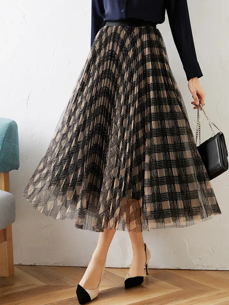 Vintage Classic Grid Pattern High Waist Pleated Midi Skirt