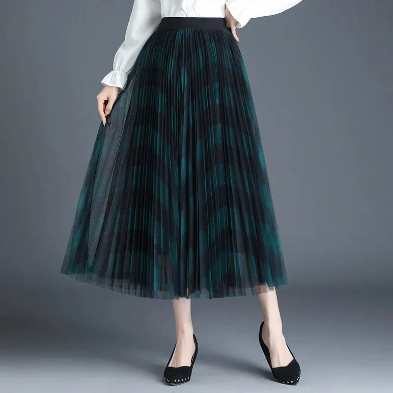 Vintage Classic Grid Pattern High Waist Pleated Midi Skirt