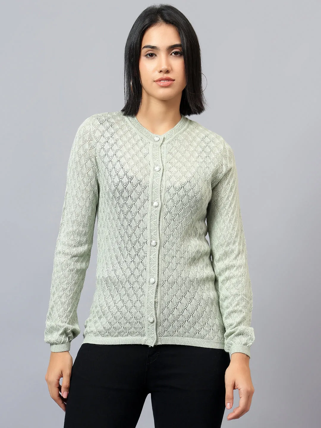 Women's Casual Green Round Neck Cardigan Sweater