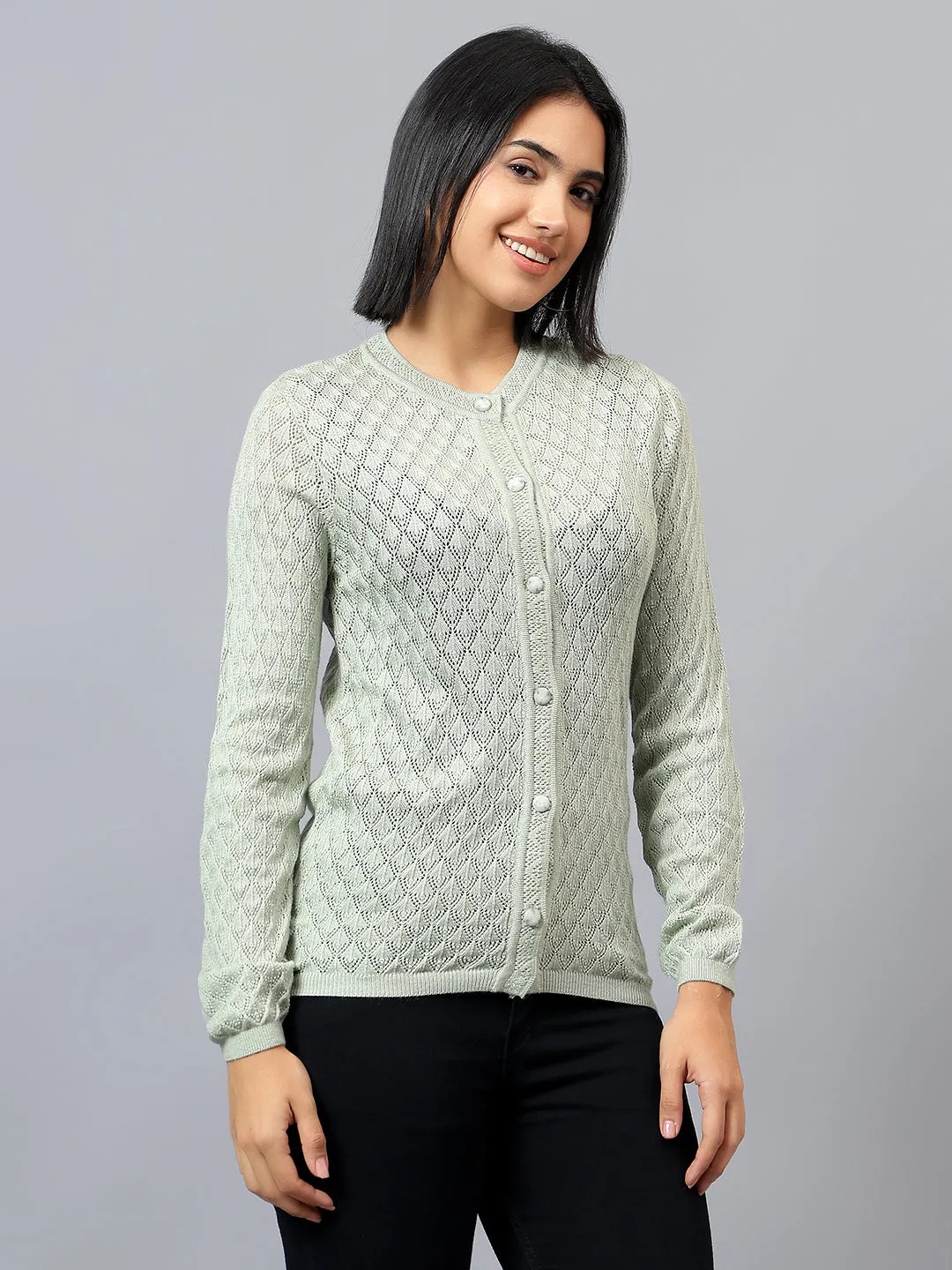 Women's Casual Green Round Neck Cardigan Sweater