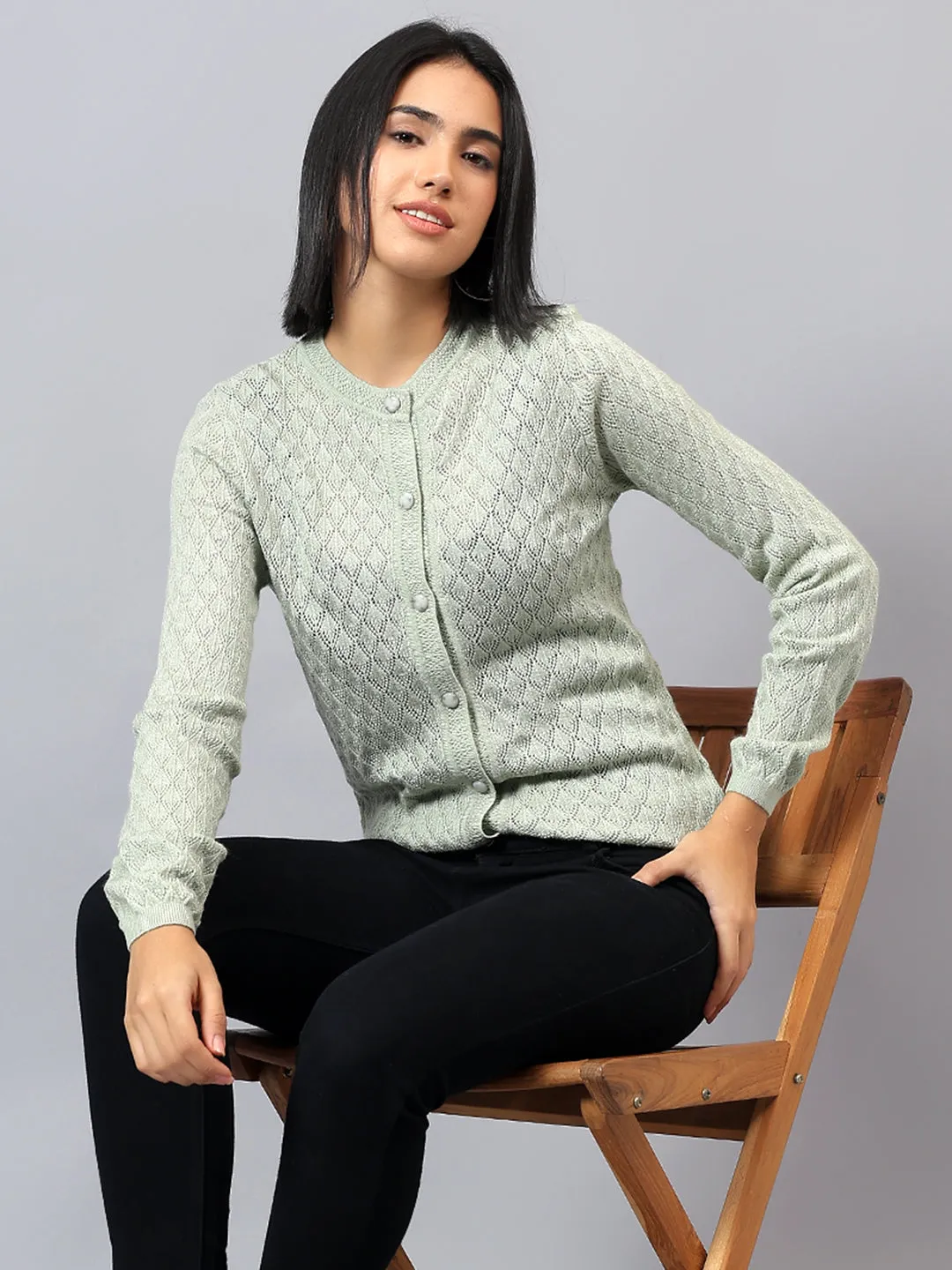 Women's Casual Green Round Neck Cardigan Sweater